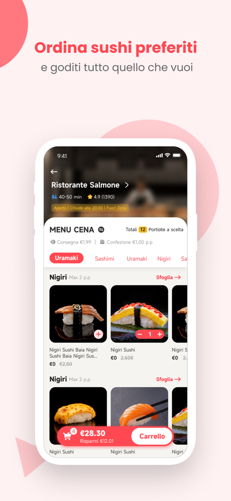 Schermata dello smartphone che mostra il menu della cena dell'app di consegna sushi AYCE con varie selezioni di nigiri e un carrello per il checkout