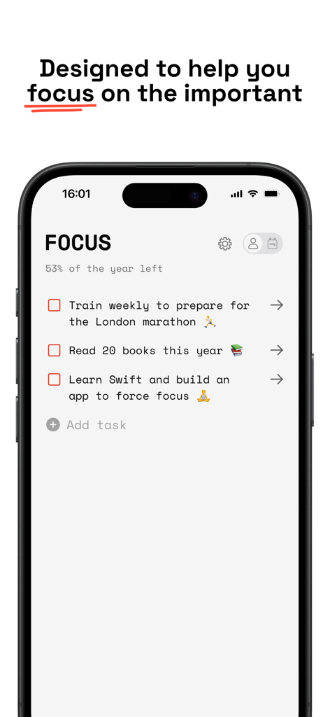 A minimalist task list on the Focus To Do app showing three prioritized goals on an iPhone screen.
