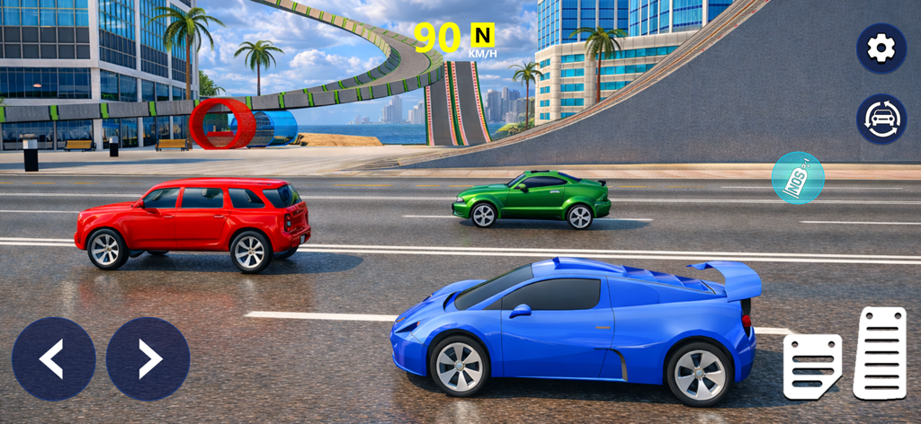 Race Master Car Racing Games - A blue sports car racing through a city featuring massive stunt ramps and urban buildings.