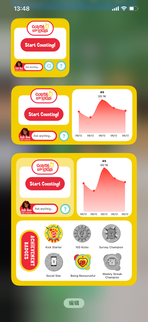 Screenshots of the Count the Kicks app widgets for iPhone displaying the start tracking button, baby movement graphs, and digital achievement badges