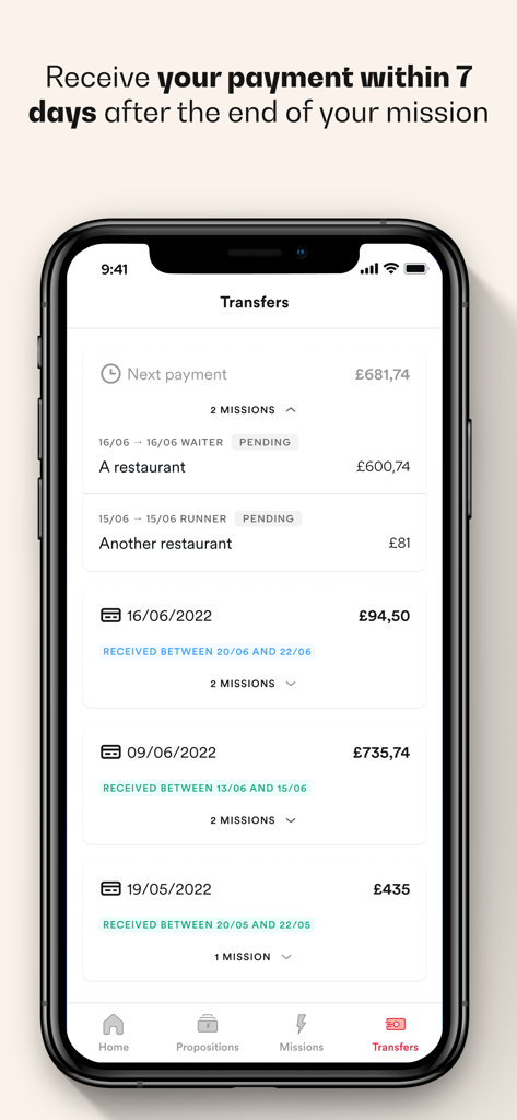 Brigad - Receive missions - Brigad app screen showing weekly payment transfers and earnings for completed hospitality missions