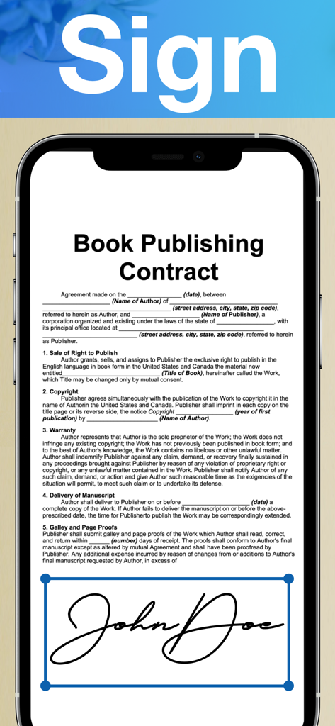 A smartphone screen displaying the AI Document Scanner app with a digital signature being applied to a book publishing contract.