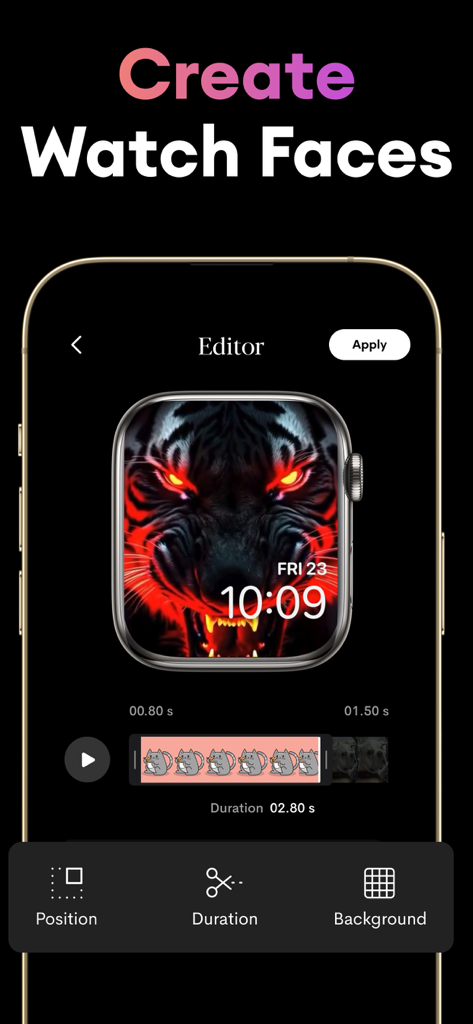 Watch Faces Gallery: Coolz - iPhone screen showing the Watch Faces Gallery app editor with a custom animated tiger watch face design