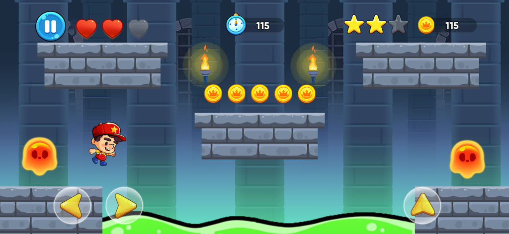Max's World™ - Fun Adventure - Max jumping across stone platforms in a dungeon level with coins and fire enemies.