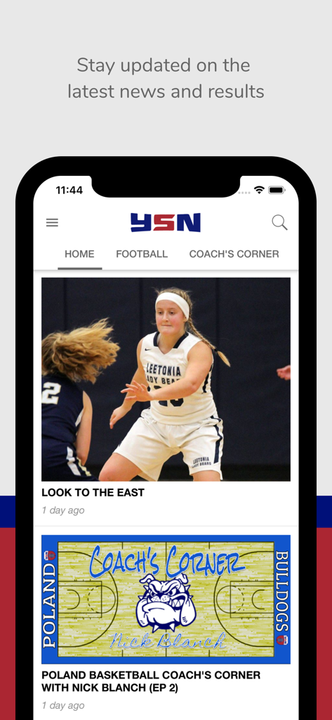 YSN Live - YSN Live mobile app interface showing local high school sports news and results