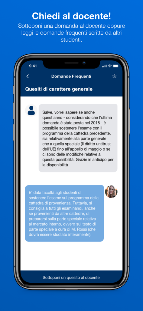 Docenti UNINA - Interfaccia dell'app mobile per gli studenti per porre domande e visualizzare le FAQ dei professori dell'Università di Napoli Federico II.