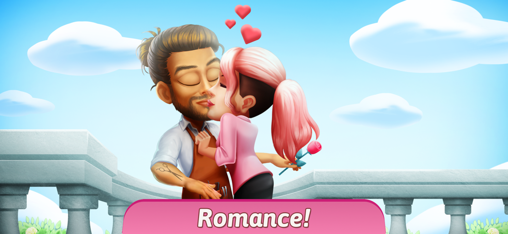 Serenity's Spa: Beauty Salon - Ein romantischer Moment zwischen einer Salonstylistin und einer Frau mit rosa Haaren unter einem blauen Himmel mit Herzen