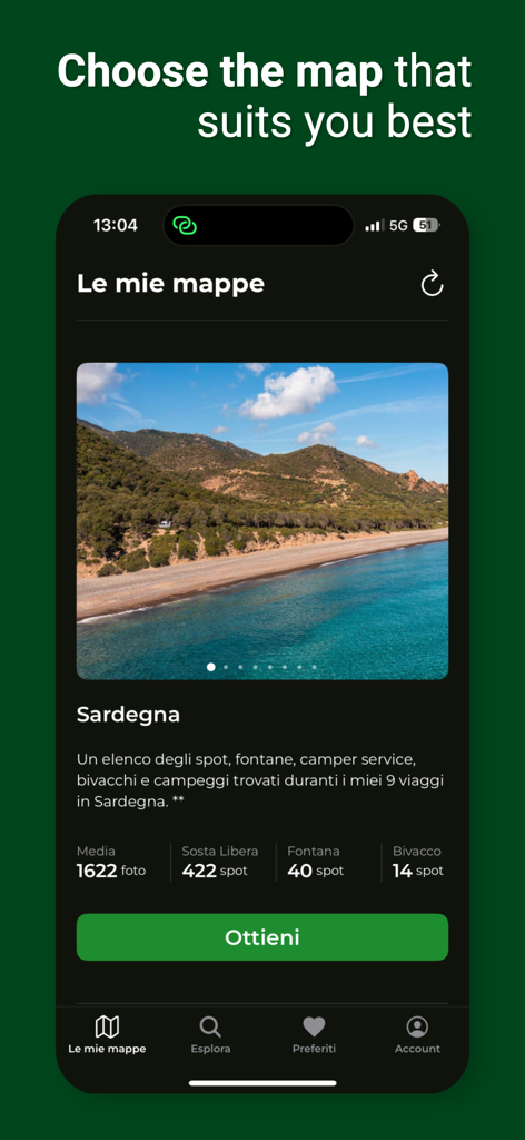 Mappa Magica - Mappa Magicaのモバイルアプリインターフェース。サルデーニャのマップ詳細と厳選されたスポットを表示しています。