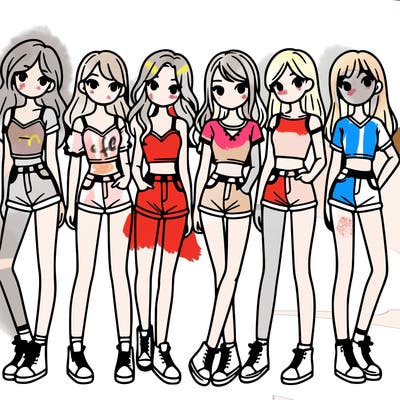 a group of girls wearing crop tops and shorts
