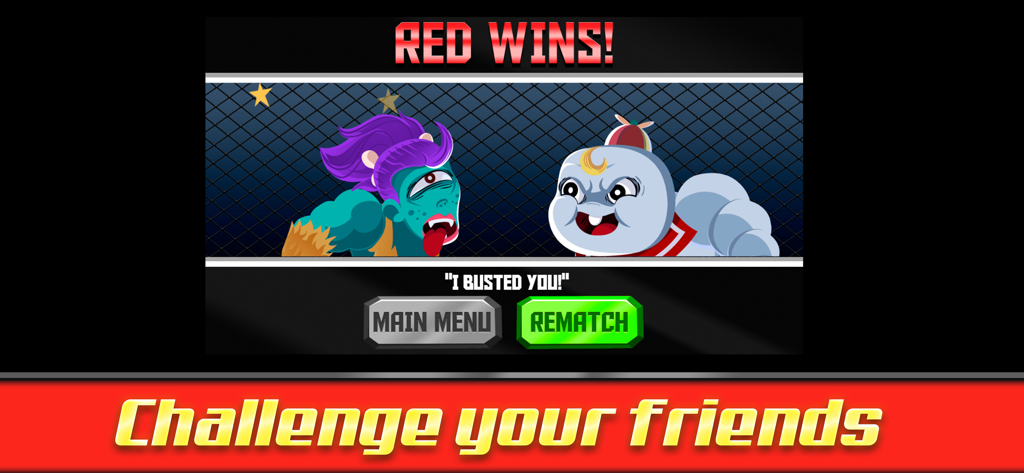 Victory screen in UFB Rampage showing a marshmallow monster and a cyclops with the text Red Wins and Challenge your friends