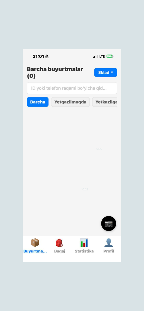 Courier Lite - Interfaz de la aplicación móvil Courier Lite en uzbeko que muestra el panel de gestión de pedidos con navegación para equipaje y estadísticas