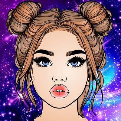 realistic girl with two buns on her hair and lips