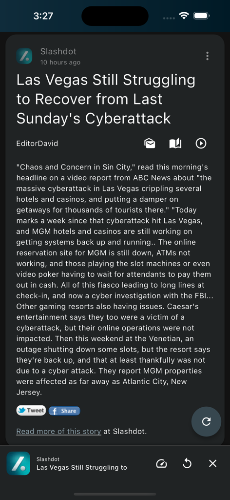 Stratum RSS reader app displaying a Slashdot news article in a clean dark mode interface