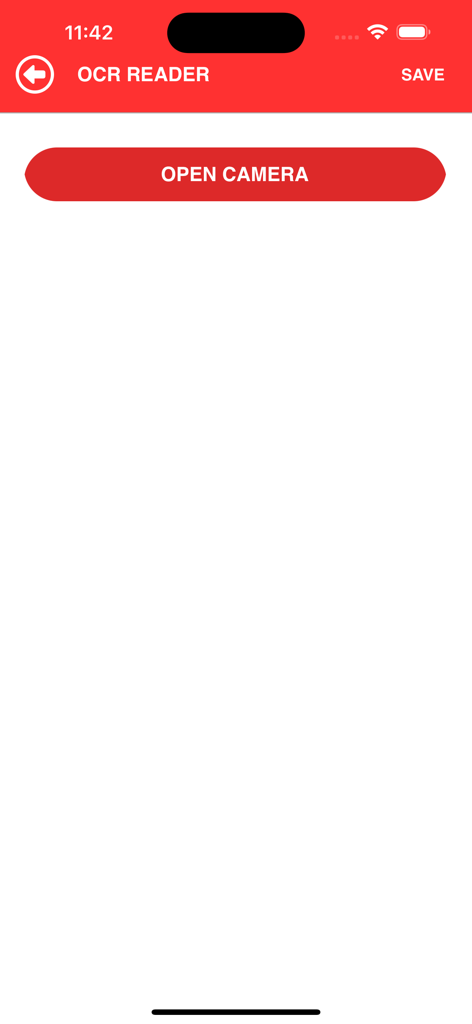 myPefy: Web to PDF Convert - Écran du lecteur OCR de l'application myPefy montrant un bouton pour ouvrir l'appareil photo pour la numérisation de documents.