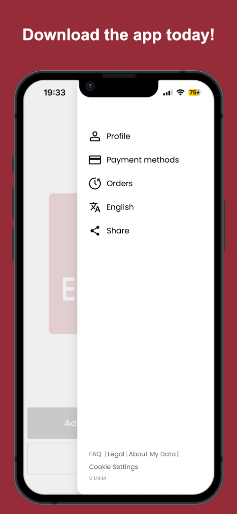 Eskimo Pizza App - User menu sidebar in the Eskimo Pizza app showing options for profile payment methods and orders
