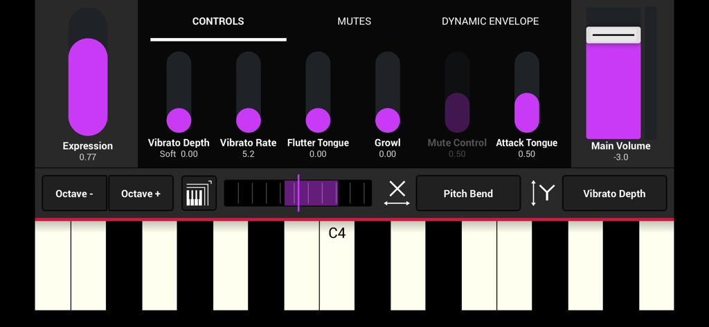 SWAM Trumpet - Professional interface of SWAM Trumpet showing expression and vibrato sliders with a virtual piano keyboard