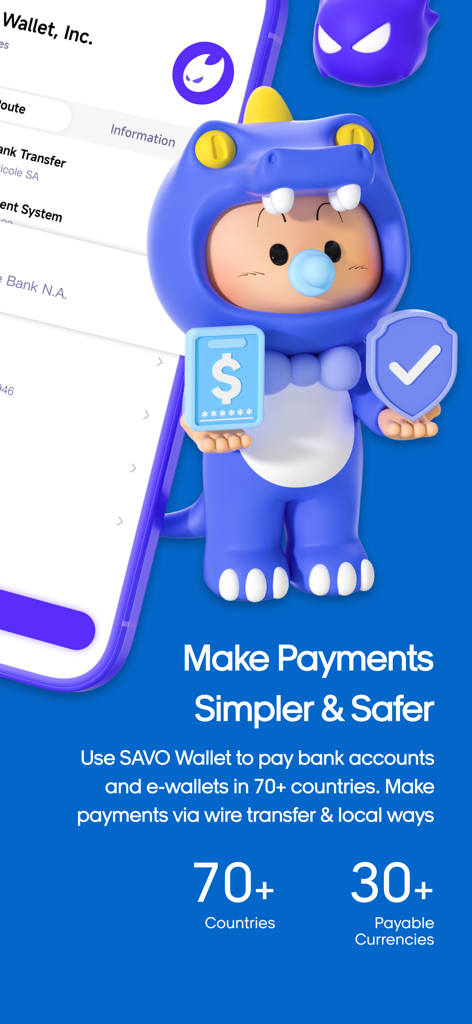 Pantalla de la aplicación SAVO Wallet con opciones de pago global en más de setenta países con una mascota azul segura