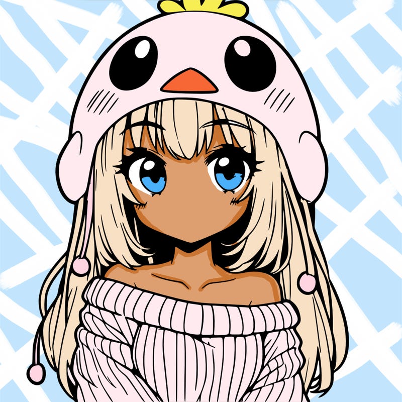 anime girl with chick shaped hat with sweater with bare shoulders with bangs covering them one eye with low tail