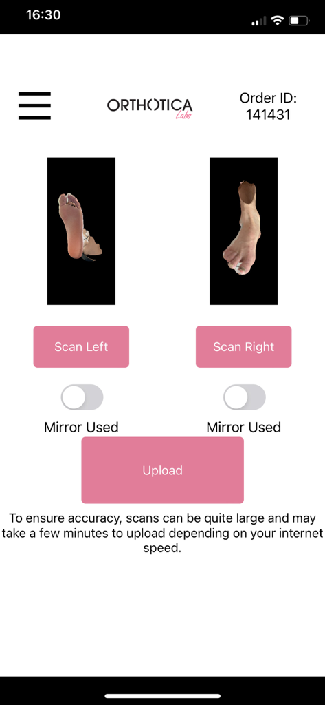 Orthotica Pocket 3D - Orthotica Pocket 3D app interface showing 3D foot scans and upload button for podiatrists