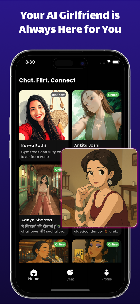 Galerie von virtuellen KI-Freundinnen-Charakteren in der Love Chat Mobile App-Oberfläche