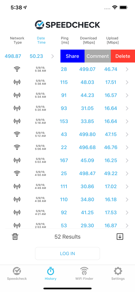 Registro cronologico dei test di velocità di Internet che mostra i risultati di download, upload e ping per reti WiFi e cellulari