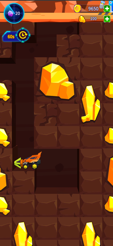 Crazy Mining Team - An orange mining machine digging through underground rock blocks to collect gold nuggets in the Crazy Mining Team mobile game.