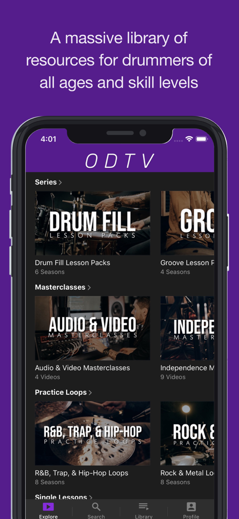 OrlandoDrummer ODTV app interface showing a massive library of drum lesson packs masterclasses and practice loops