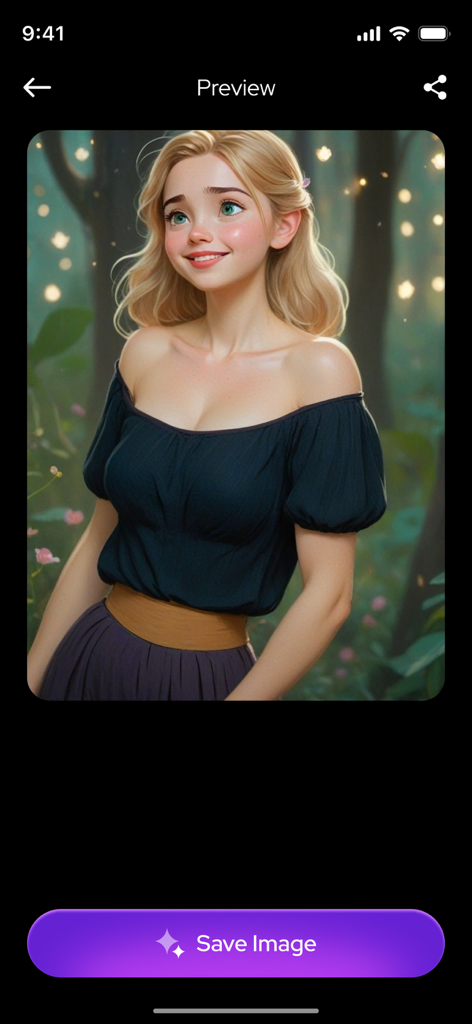 BodyGoalアプリのプレビュースクリーンには、様式化されたAI生成の女性キャラクターが表示されています。