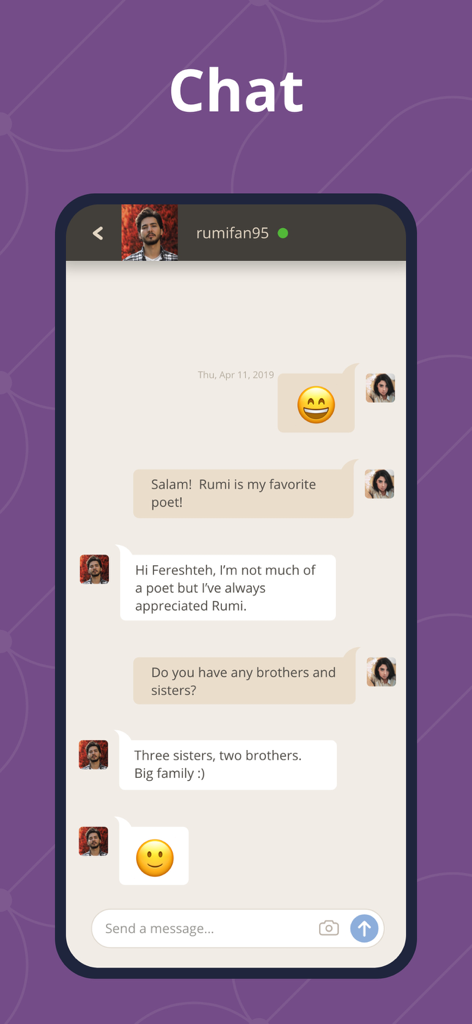 Interfaz de chat de la aplicación de citas IranianPersonals que muestra una conversación entre dos solteros iraníes sobre cultura y familia.