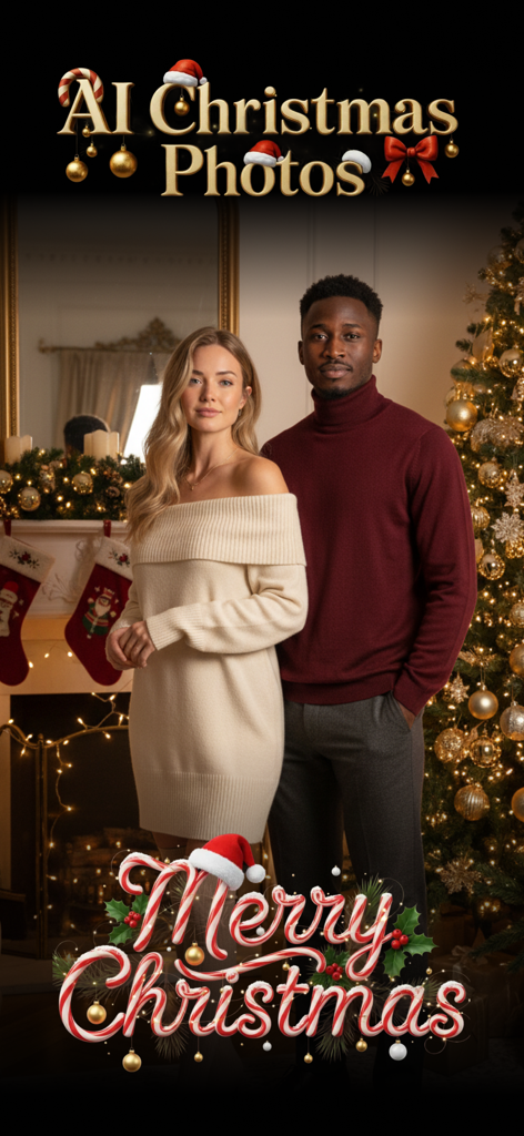 AI Photo Video Generator: AURA - Homme et femme en pulls festifs posant pour des photos de Noël IA devant un sapin de Noël