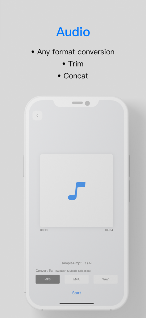 Audio conversion and trimming interface in the Toolbox by Paperclip app