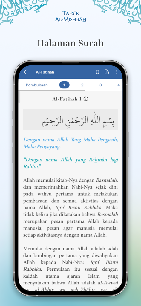 Tafsir Al-Misbah - Mobile app interface of Tafsir Al-Misbah showing the interpretation of Surah Al-Fatihah with Arabic text and Indonesian commentary.