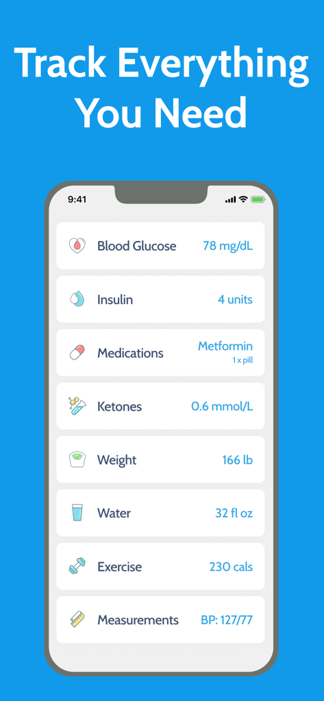 Diabetes Tracker by MyNetDiary - Captura de pantalla de la aplicación Diabetes Tracker de MyNetDiary que muestra una lista de métricas de salud que incluyen glucosa en sangre, insulina, medicamentos, cetonas, peso, agua, ejercicio y presión arterial.