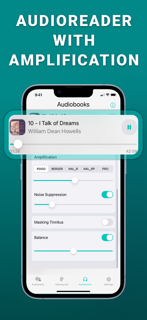 Interface do Audioreader com configurações de amplificação e supressão de ruído para audição aprimorada de audiolivros.
