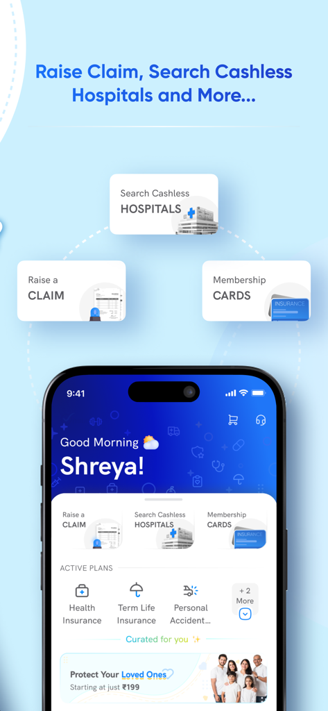 Dashboard dell'app Onsurity per l'assistenza sanitaria ai dipendenti che mostra opzioni per richiedere rimborsi e cercare ospedali convenzionati
