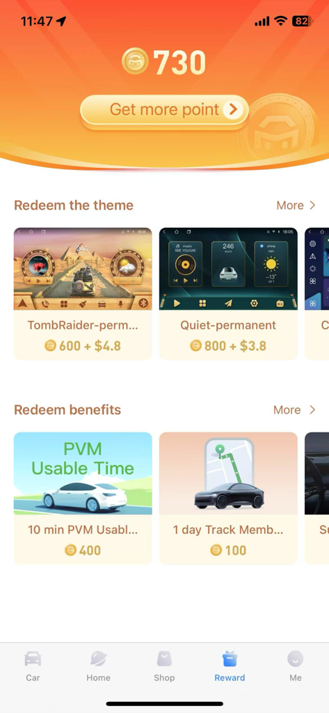 CarMate Pro - CarMate Pro rewards screen showing point balance and options to redeem car themes and service benefits