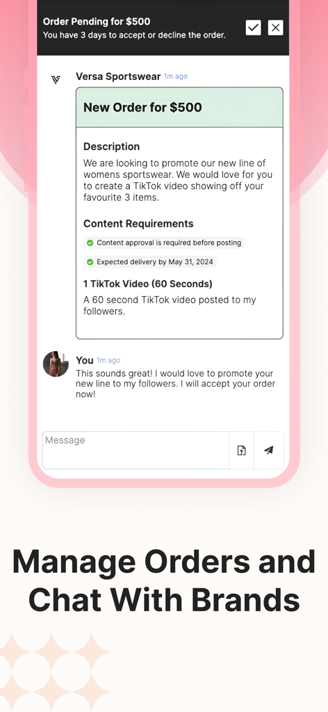 Screenshot of Collabstr app showing a creator managing a brand deal order and chatting with a client