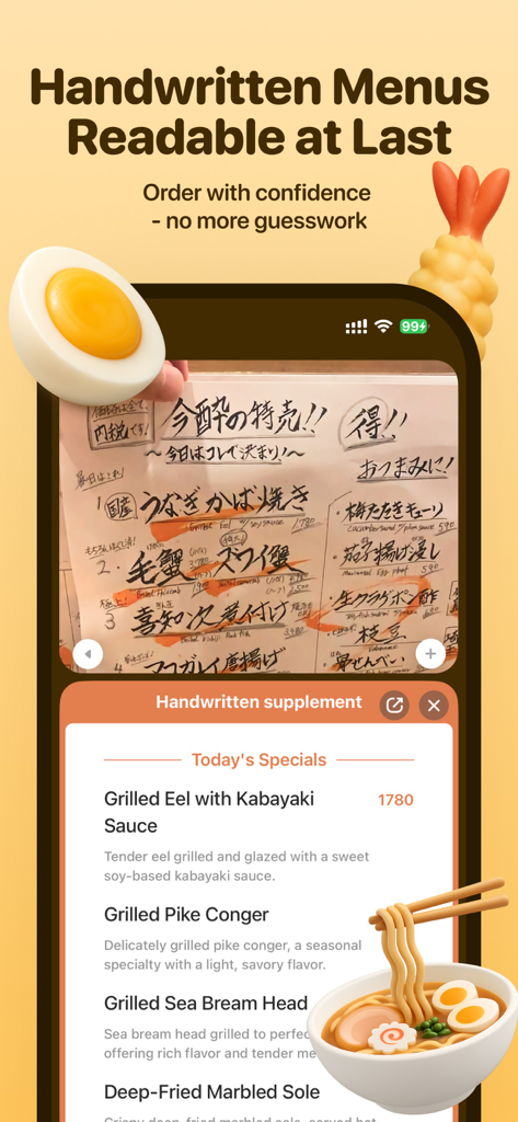 A smartphone screen showing the Kuli Kuli app translating a handwritten Japanese restaurant menu into English descriptions like Grilled Eel.