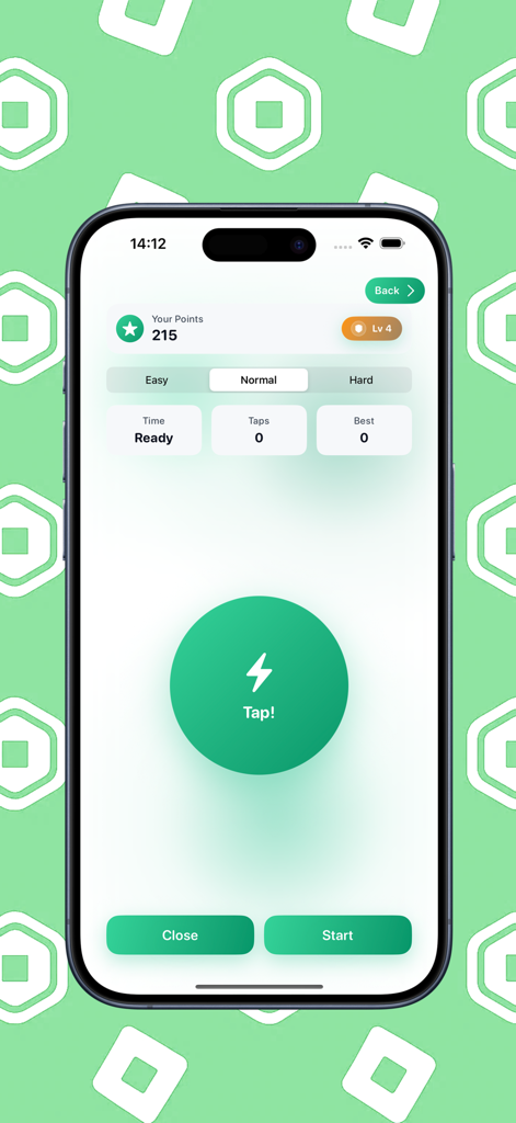 Robux Games For Roblox - A screenshot of the Tap Frenzy mini-game within the Robux Games For Roblox app showing a large green tap button and game statistics.