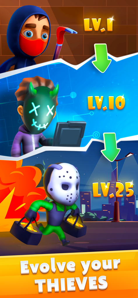 Merge Robbers: Idle Mining - Gráfico de progresión de personajes que muestra a un ladrón evolucionando del nivel 1 al nivel 25