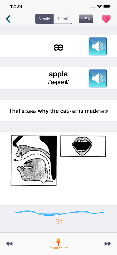 English phonetic symbols app interface showing the IPA sound for the letter ae with mouth position diagrams and word examples