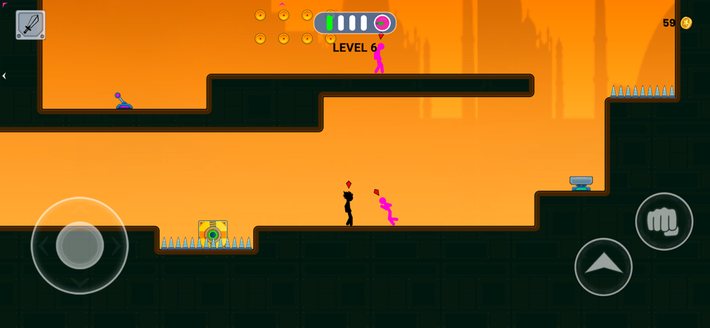 Anger of Stickman - A black stickman character facing pink enemies in a platformer level with orange background and virtual game controls.