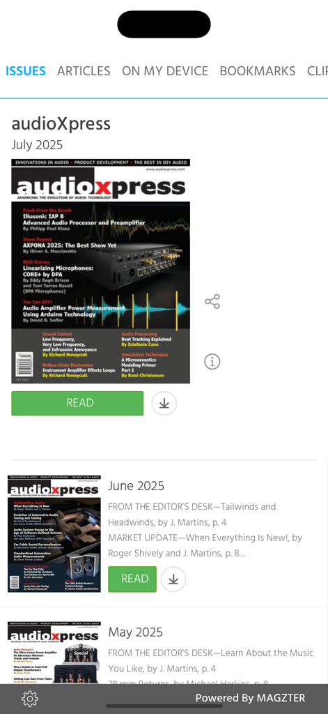 audioXpress 앱의 인터페이스로, 2025년 7월호 표지와 이전 디지털 잡지 목록을 보여줍니다.