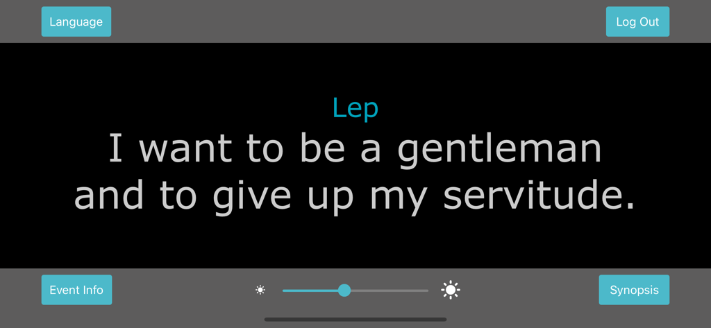 Interface of the Lyri Live app displaying a translated opera line in English on a dark theme with a brightness adjustment slider.
