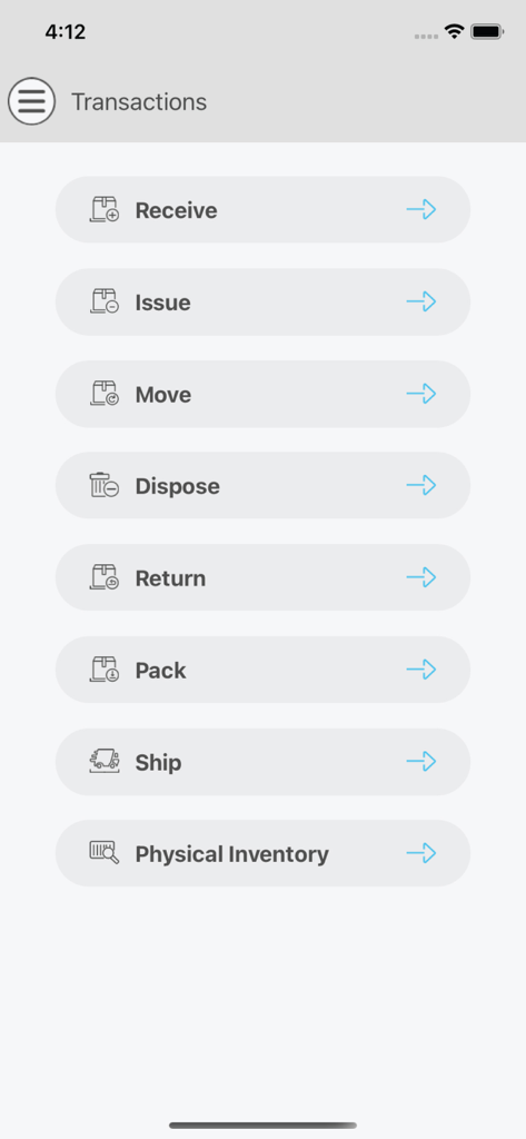 BarCloud mobile app menu showing inventory management transactions like receive and ship