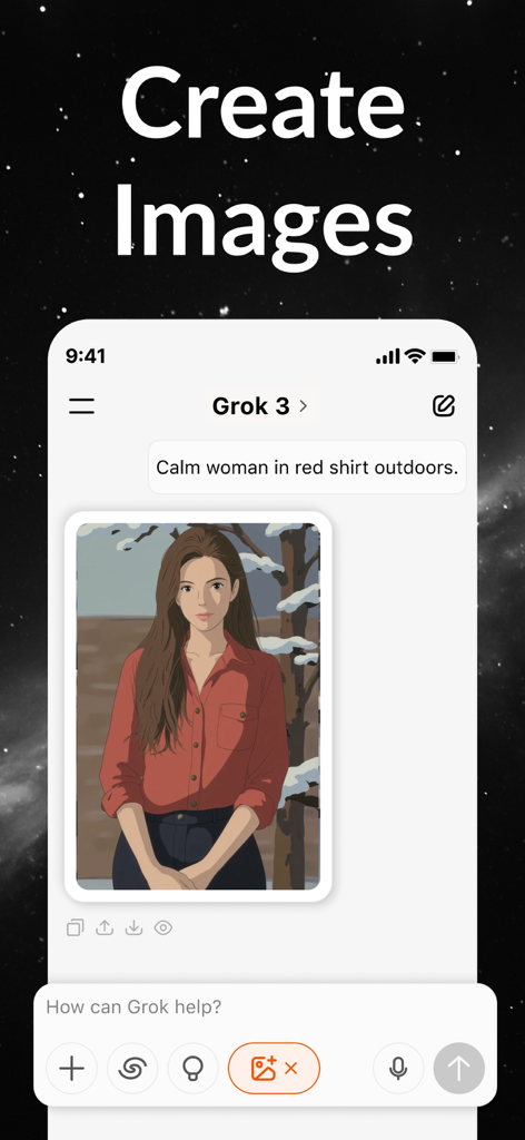 AI Chat Bot - Ask AI Universe - AI Chat Bot app interface displaying an AI-generated image of a woman in a red shirt based on a text prompt.