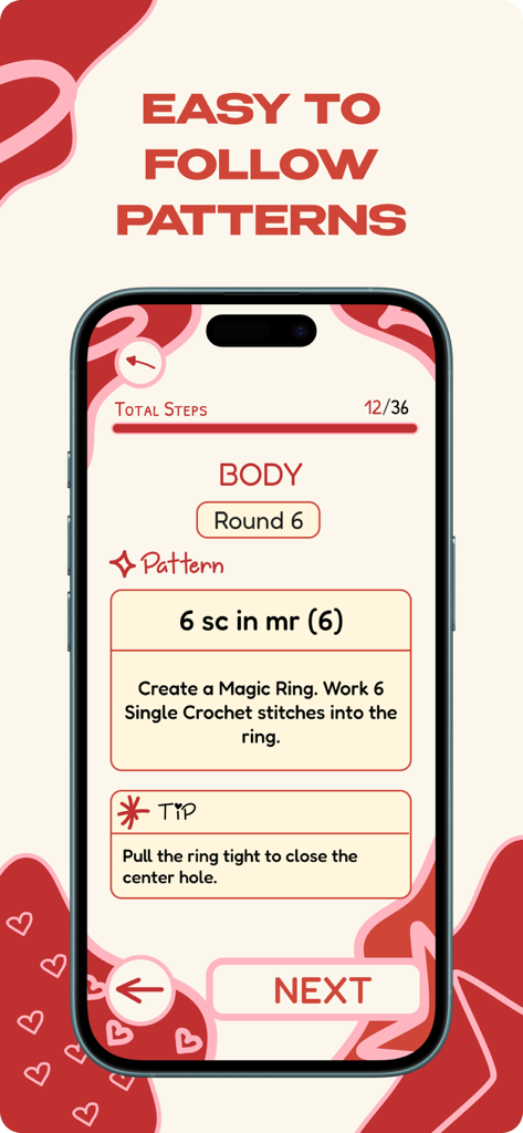 Yumak - Crochet & Knitting - Una interfaz móvil que muestra instrucciones de patrones de ganchillo paso a paso y seguimiento del progreso en la aplicación Yumak.