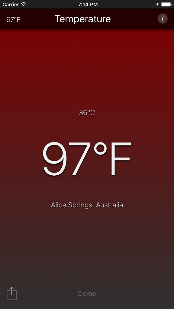 Temperature App - Smartphone display showing a high temperature of 97 degrees Fahrenheit on a red background.