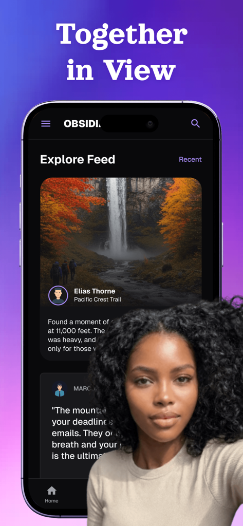 Obsidian: Always Together - Obsidian Hike app interface showing the Explore Feed with a community post about the Pacific Crest Trail