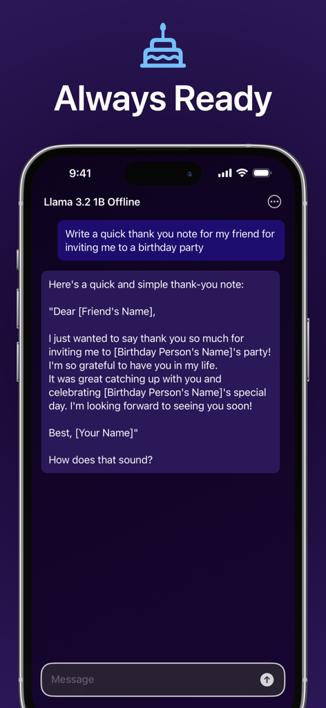 Llama 1B AI Chat - Offline LLM - Llama 1B AI Chat interface showing an offline conversation generating a birthday thank-you note